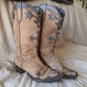 Oak Tree Farms Brown Cowboy Boots w Studded Cross